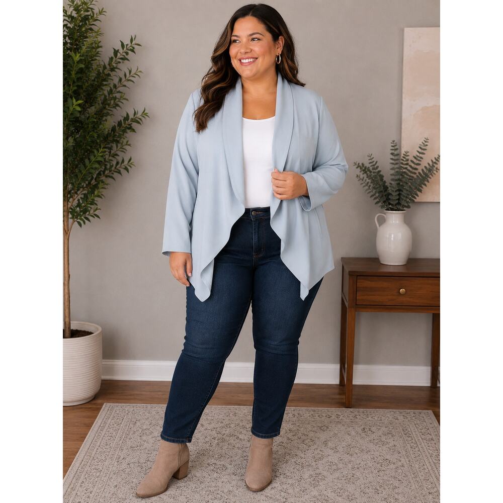 SHEIN Plus 4X Light Blue Draped Blazer Jacket Open Front Career Chic